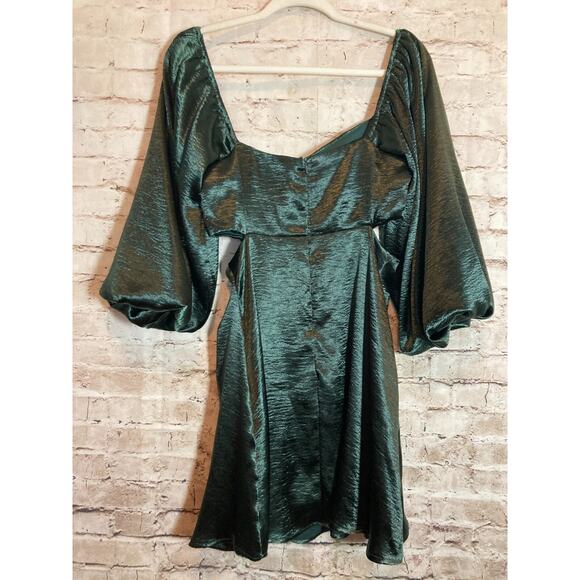 She + Sky Milkmaid Dress Womens Medium Forest Green Satin Dark Romantic Cutout - Picture 14 of 16
